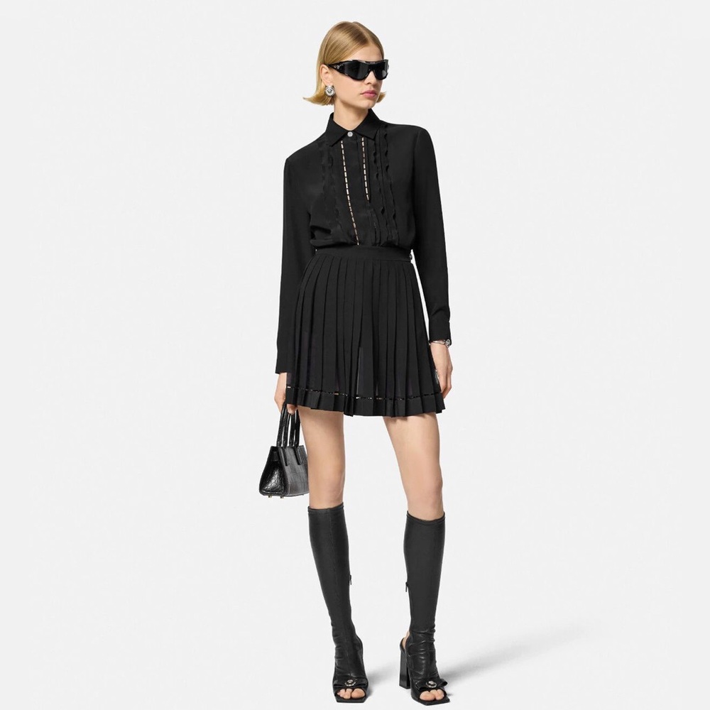 New Auth-Versace Ladder-stitch lace connects hem extension pleated silk skirt